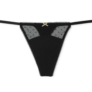 2/25$ Victoria’s Secret Dot Mesh V-String Panty Black Stretch Cotton NWT Size L